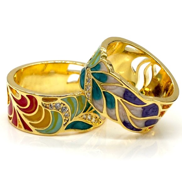 S925 Silver plated multi color fashion ring with golden color feathering. - Picture 5 of 12